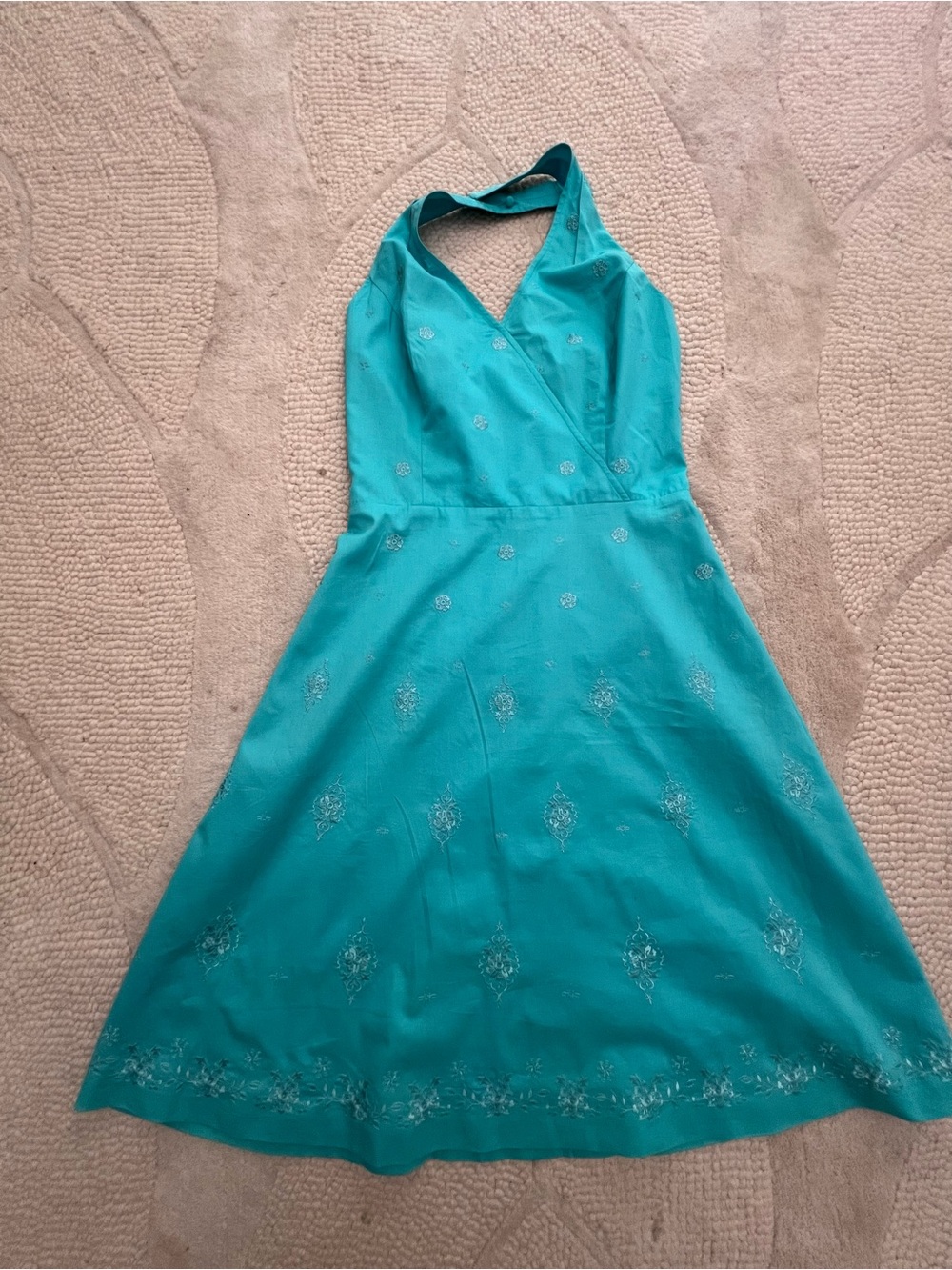 Ann Taylor Teal Halter A-Line Dress with Silver Embroidery